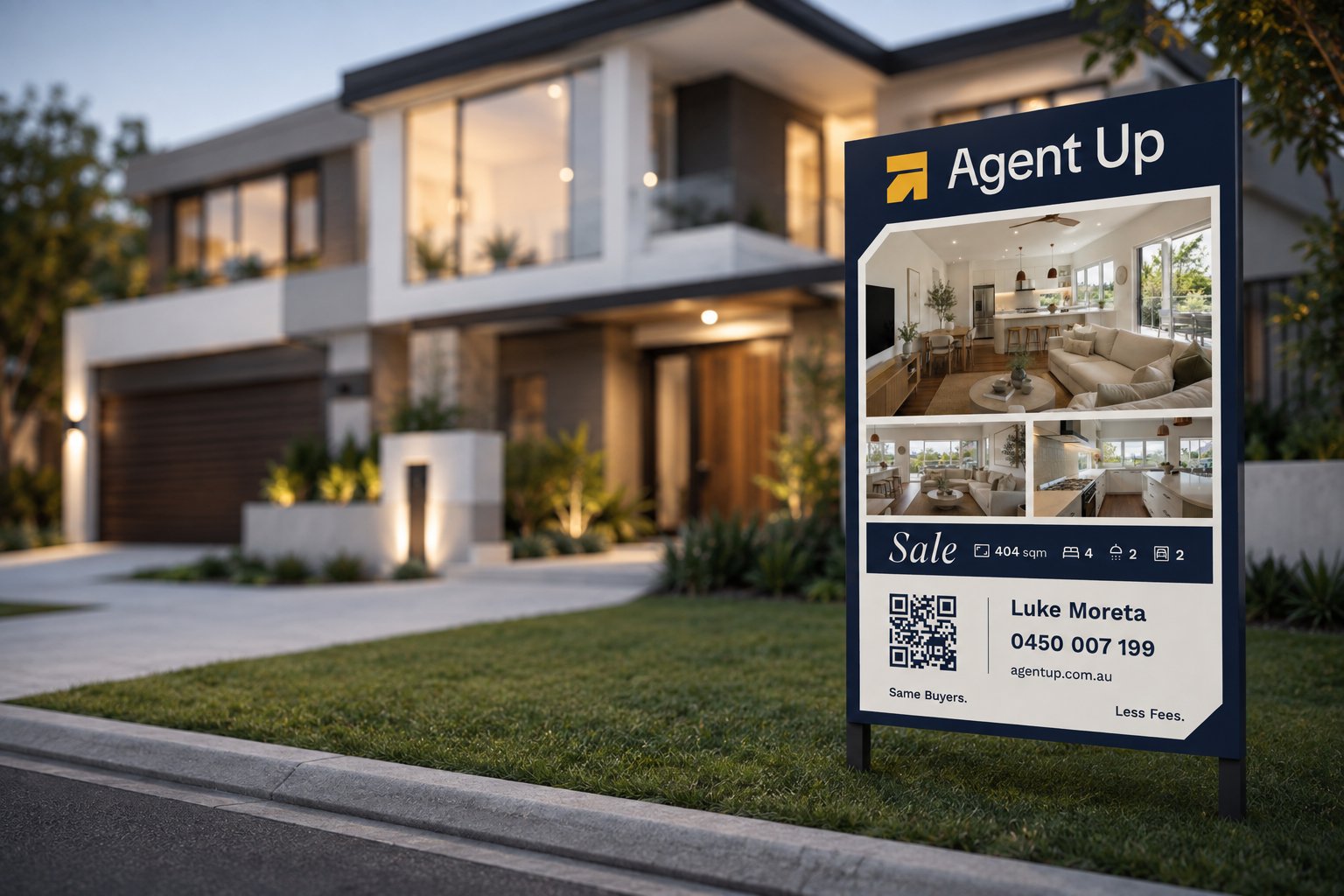 Agent Up 'For Sale' photo signboard outside a Brisbane home